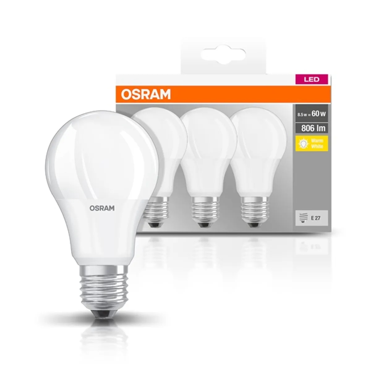Osram Base matt műanyag búra/8,5W/806lm/2700K/E27/dobozos LED körte izzó 3 db #2