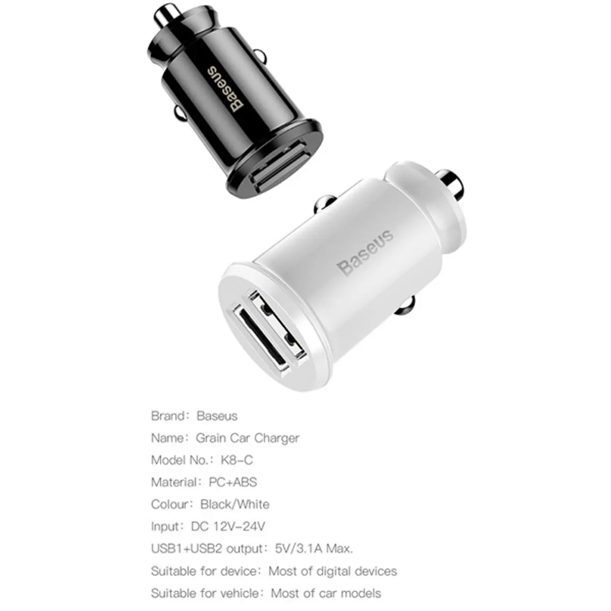 Baseus Grain 3,1A dual USB fekete autós töltő #2