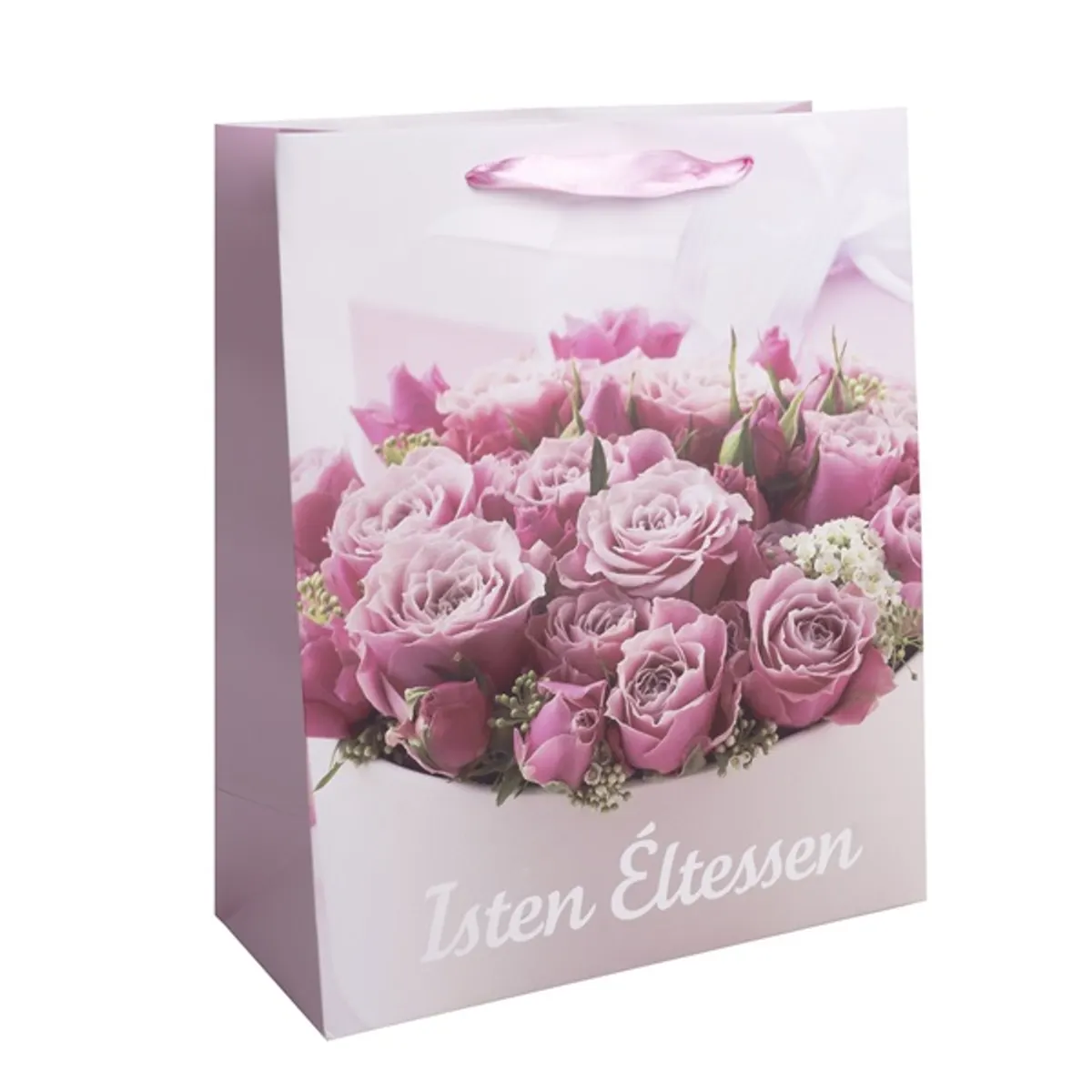 Iris papírtasak matt, "isten éltessen" felirat, rózsaszín rózsadoboz 18*32 cm #1