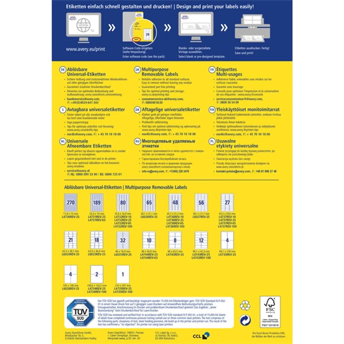 Avery L4737REV-65 63,5x29,6 mm visszaszedhető univerzális 50+15 lap 1755 db-os etikett #4
