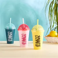 IRIS L-00850 Sumer pohár szívószállal 450ml, rózsaszín, sárga vagy cián színű #2