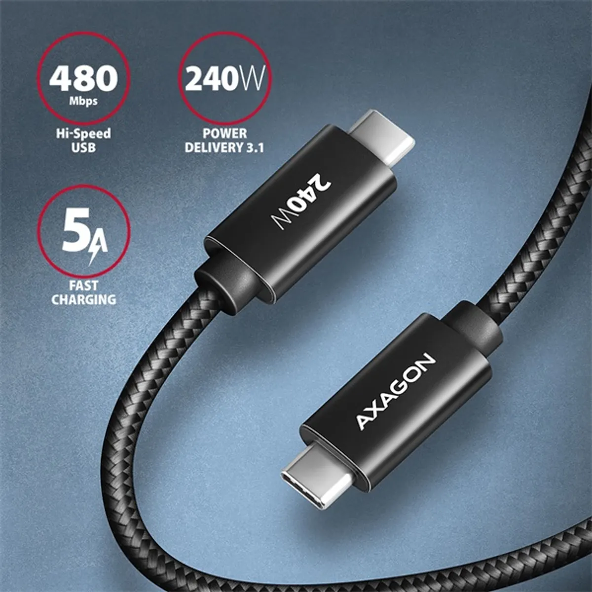 Axagon BUCM2-CM25AB 2,5m USB C fekete adat- és töltőkábel #2