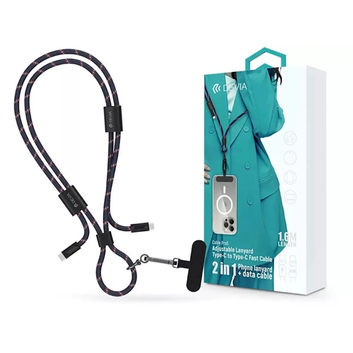 Devia ST124974 Cable Pro5 Woven 1,6m 60W PD Type-C - Type-C kék adat- és töltőkábel + nyakpánt #1