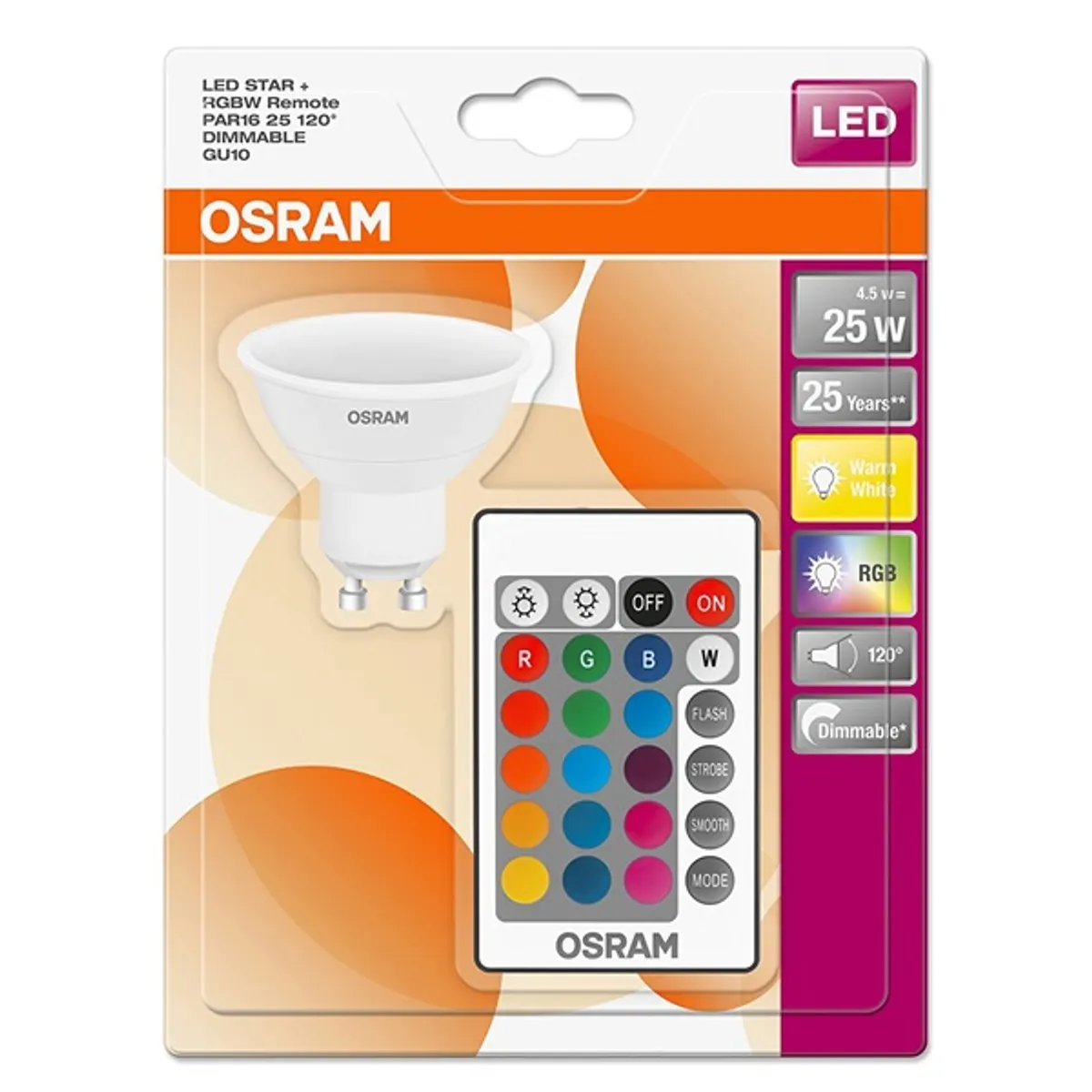 Osram Star+ RGBW/műanyag ház 4,5W/250lm/2700K/GU10 távirányítható LED PAR16 spot izzó #2