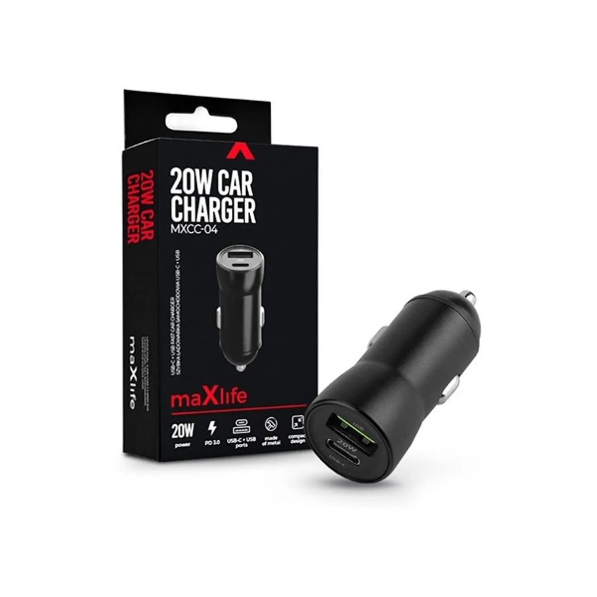 Maxlife TF-0166 USB/Type C 20W PD3.0 QC3.0 fekete szivargyújtós gyorstöltő adapter #1