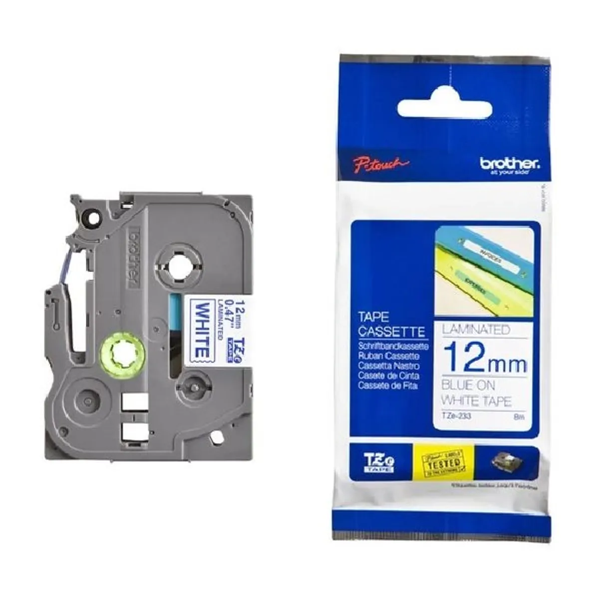Brother TZe-233 0.47" 12mmx8m fehér/kék laminált szalag #1