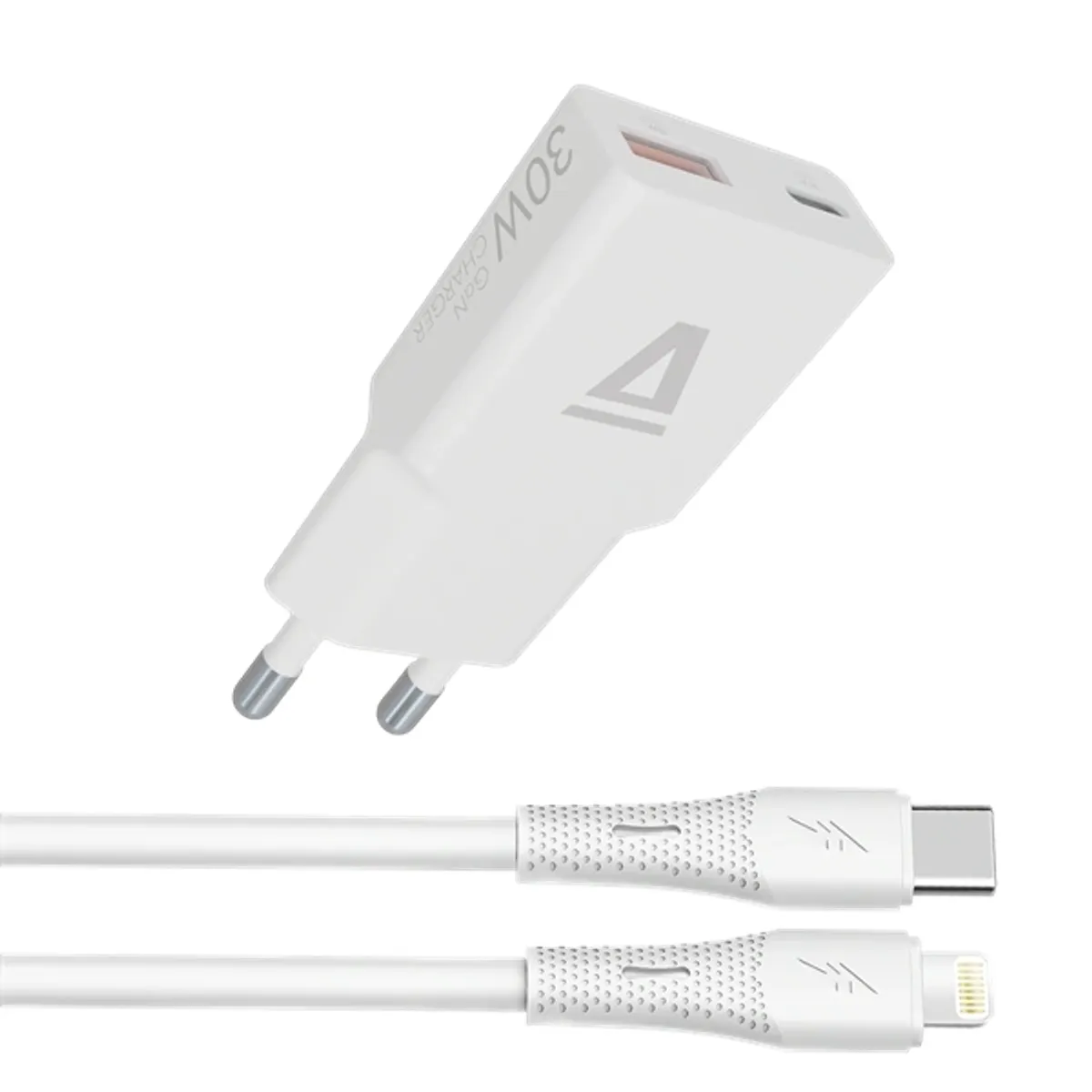 AVAX CH6414 30W GaN töltő és USB-C–Lightning szilikon kábel, fehér #1