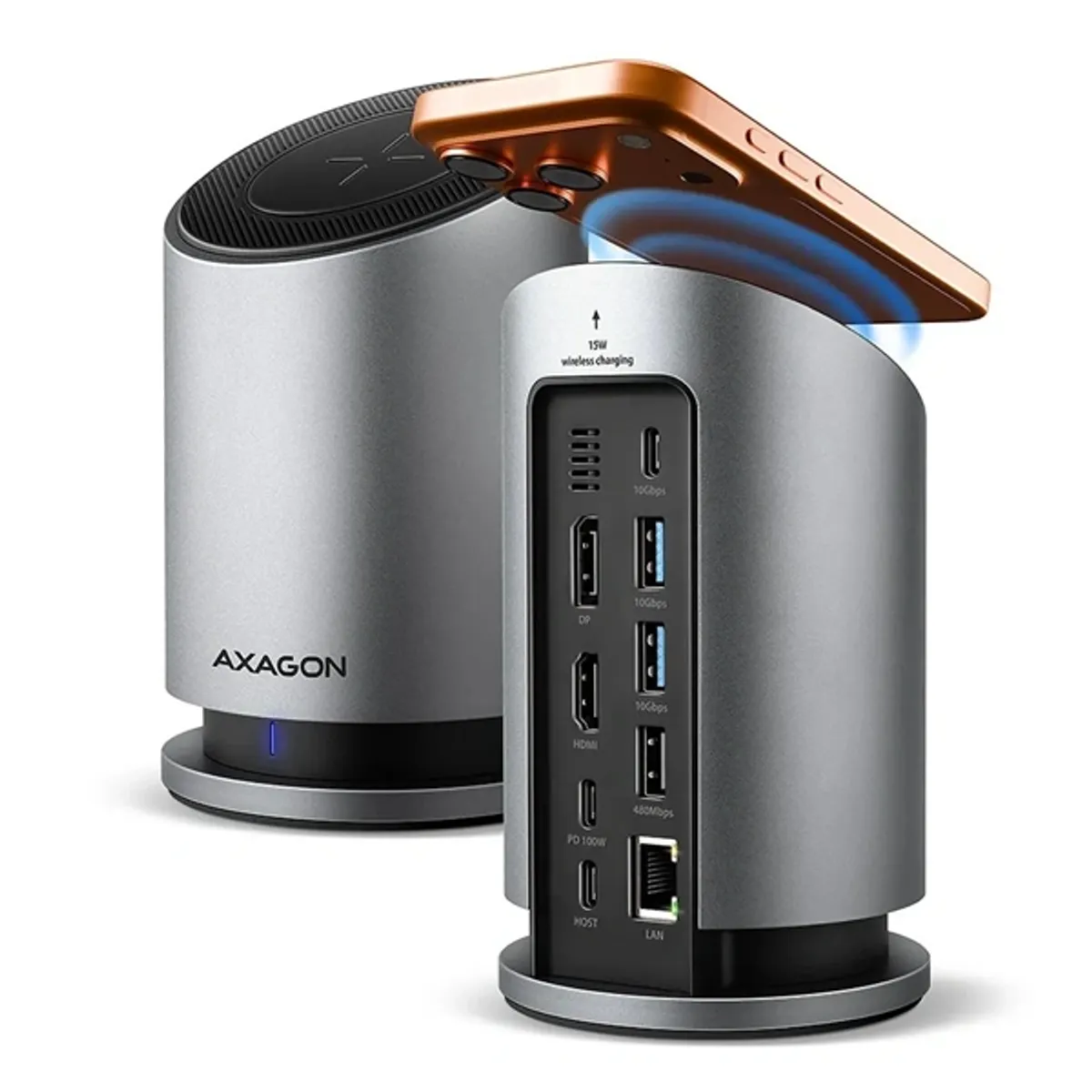 Axagon HMC-WL9 USB-C 10 Gbps 9in1 hub vezeték nélküli töltéssel #1