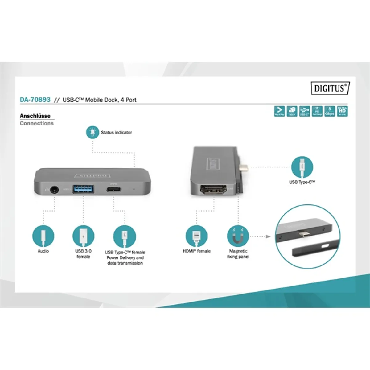 DIGITUS DA-70893 USB-C 4 portos univerzális mobil dokkoló #6