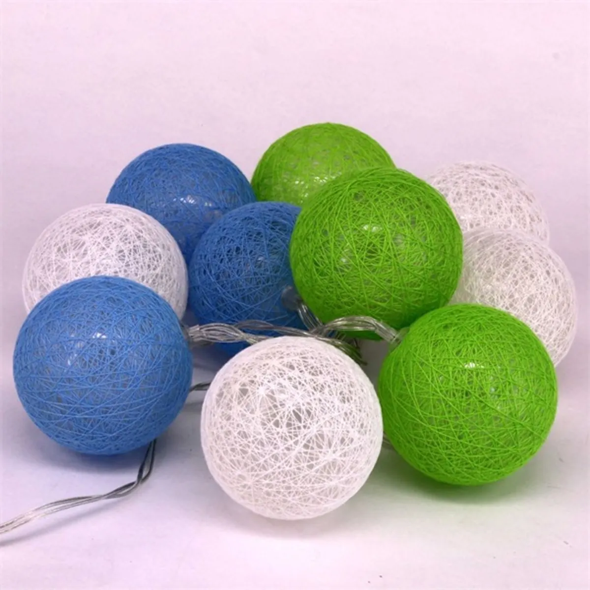 Iris Gömb alakú 6cm/színes fonott/1,5m/zöld-kék-fehér/10db LED-es/USB-s fényfüzér, fénydekoráció #2