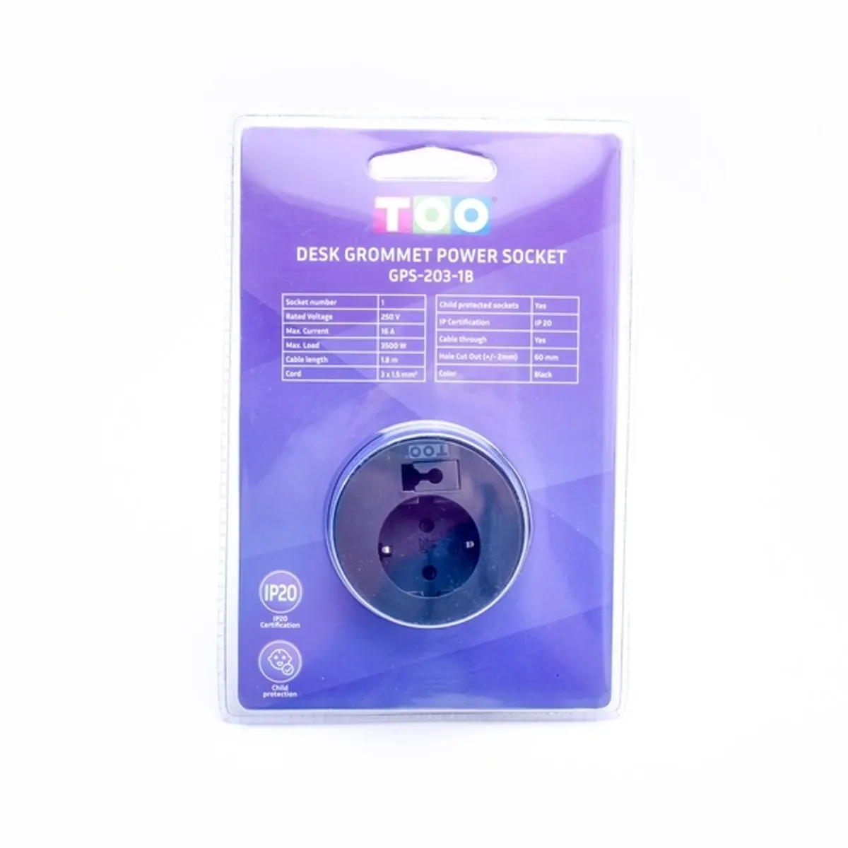 TOO GPS-203-1B IP20, 1x 2P+F, kábelkivezettéssel, fekete asztalba süllyeszthető elosztó #5