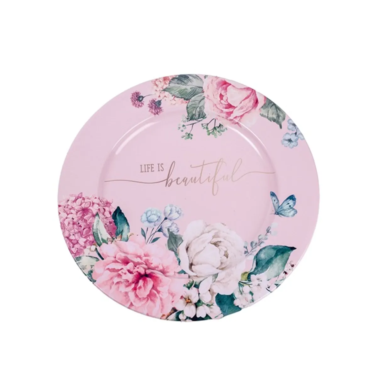 IRIS bádog tálca, kör alakú, rózsaszín rózsás, life the beautiful felirattal 33 x 1,5 cm #1