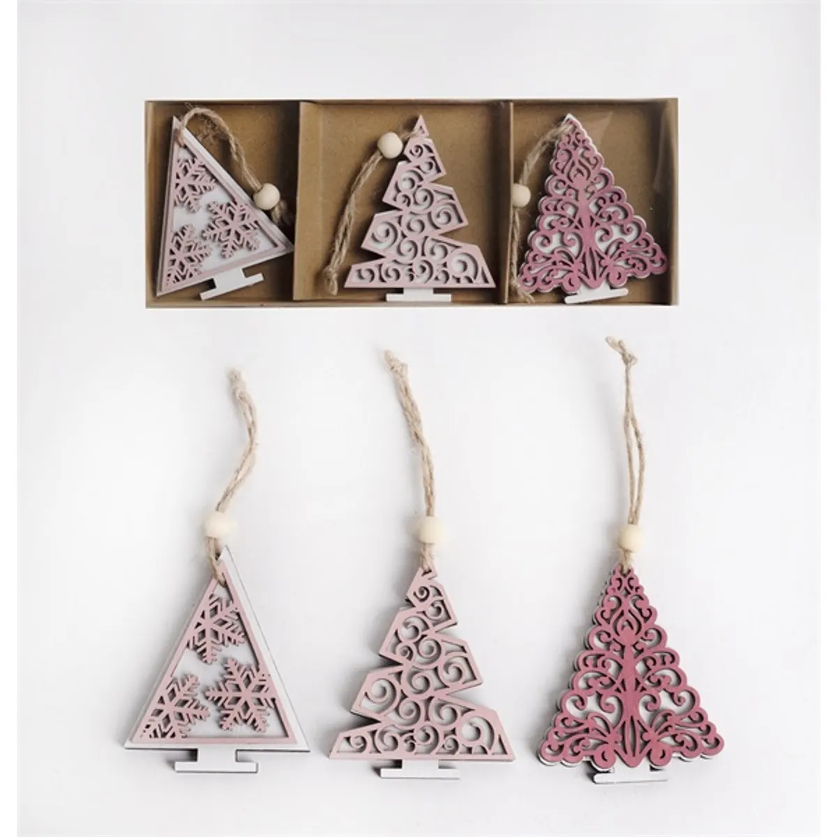 Iris fa akasztós fenyőfa 3db dobozban mályva 8cm #1