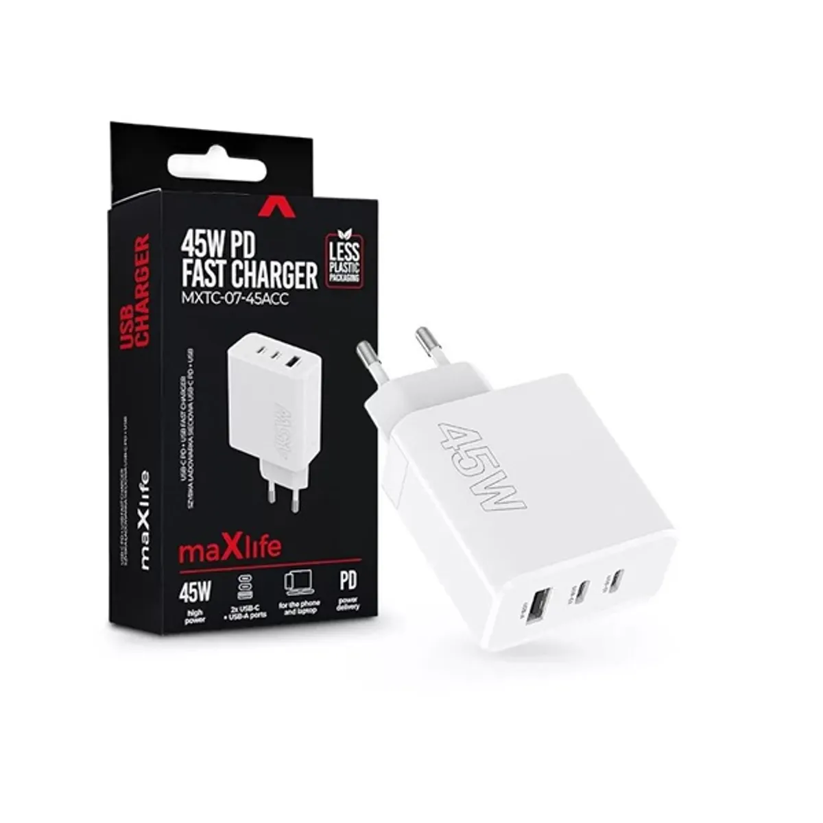Maxlife ML081094 45W 2xType-C + USB fehér gyorstöltő adapter #1