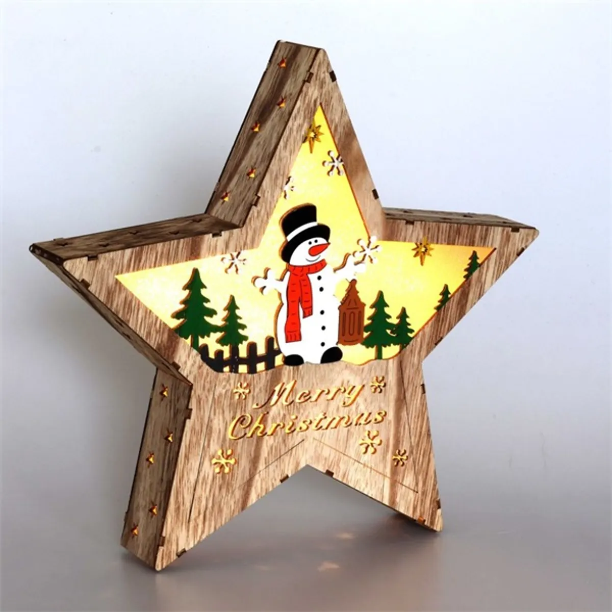 Iris Csillag alakú hóember mintás/30x30cm/meleg fehér LED-es fa fénydekoráció #2