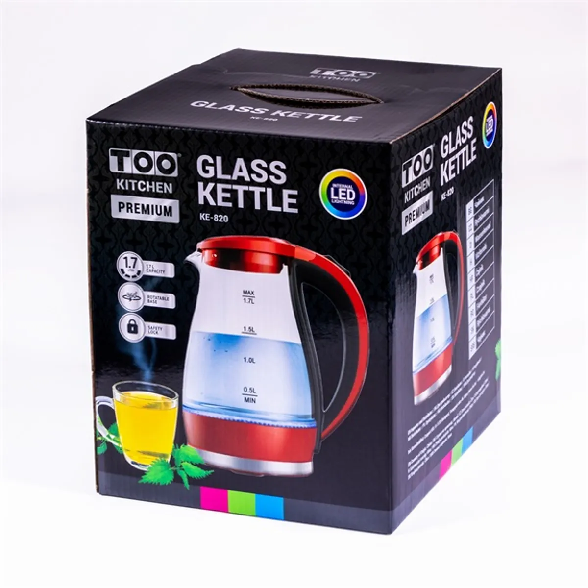 TOO KE-820 1,7L-es piros prémium üveg vízforraló #3