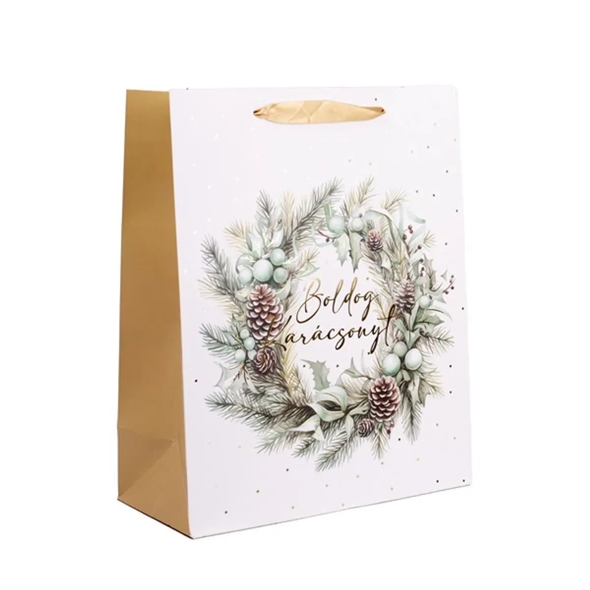 Iris boldog karácsonyt koszorú papírtasak matt fehér/arany 26*32 cm #1