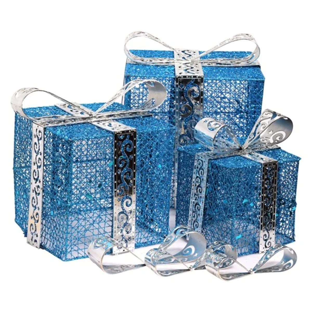 Iris Doboz alakú /1db 20cm, 1db 25cm, 1db 30cm/ kék-ezüst fémdoboz műanyag masnival dekor szett #1