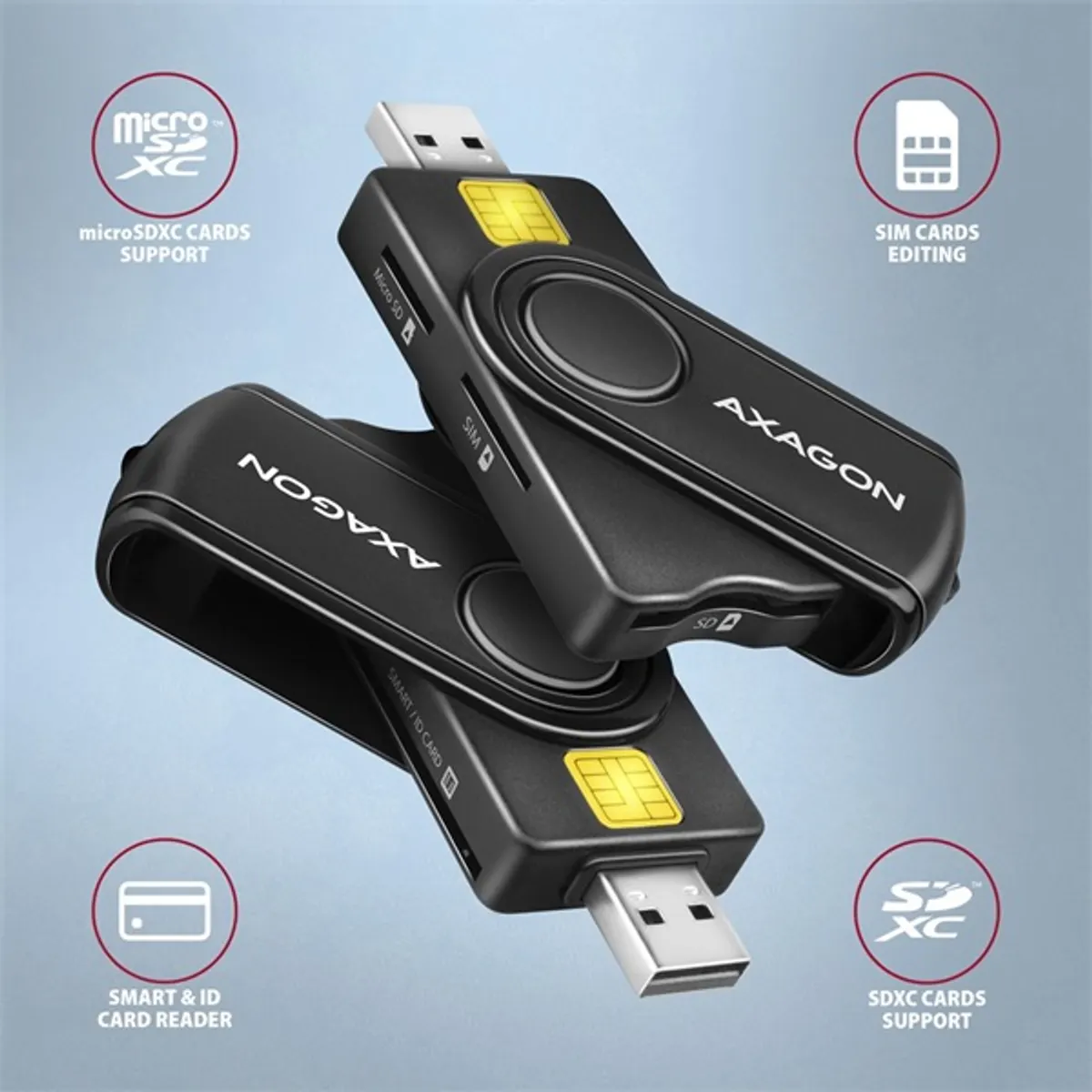 Axagon CRE-SMP2A USB Smart card & SD/microSD/SIM card PocketReader összecsukható okos kártyaolvasó #2