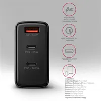 AXAGON ACU-DPQ100 3x port (USB + dual USB-C), PD3.0/QC4+/PPS/Apple 100W fekete GaN töltő #8