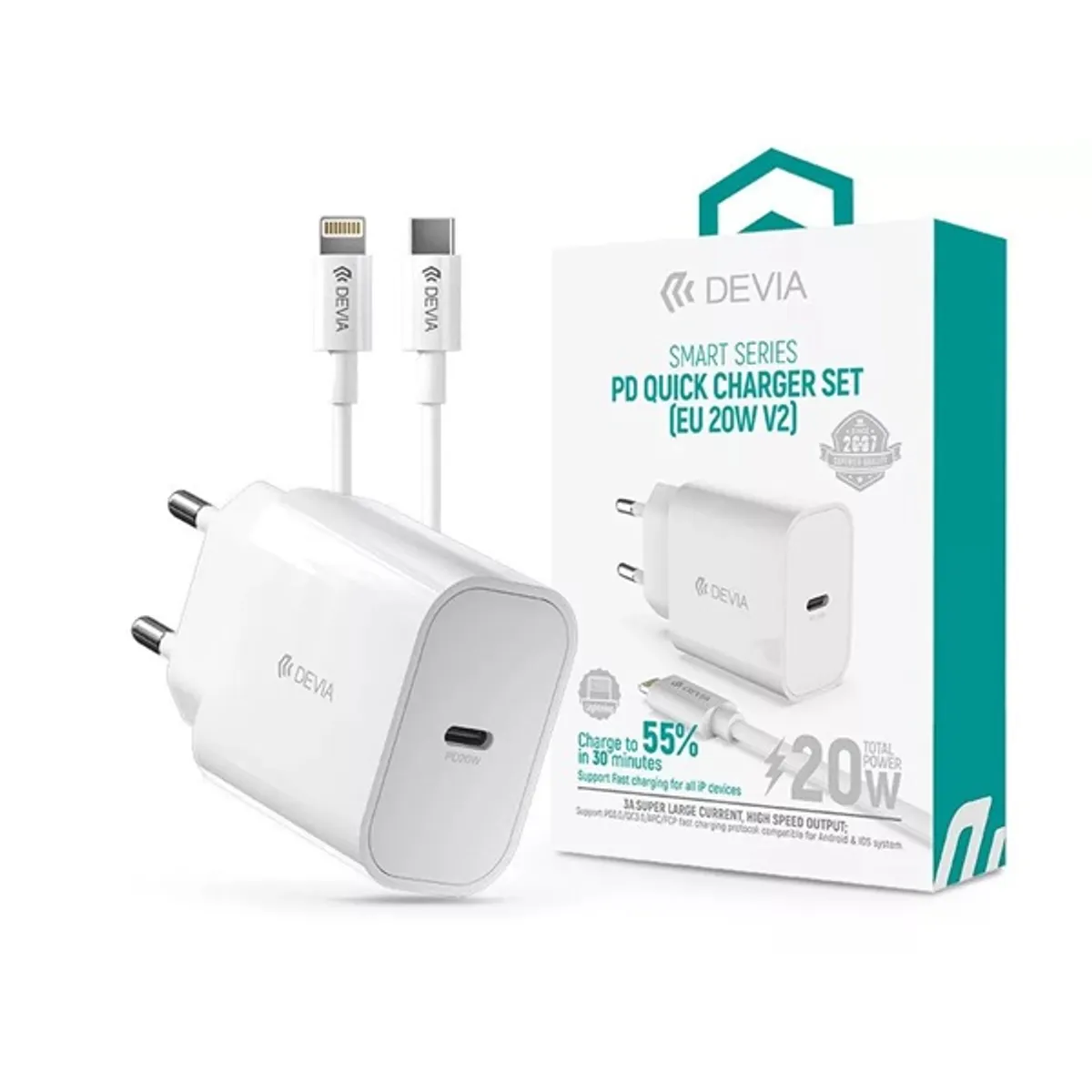 Devia ST383847 20W Type-C PD fehér hálózati töltő adapter + 1m Type-C - Lightning kábel #1