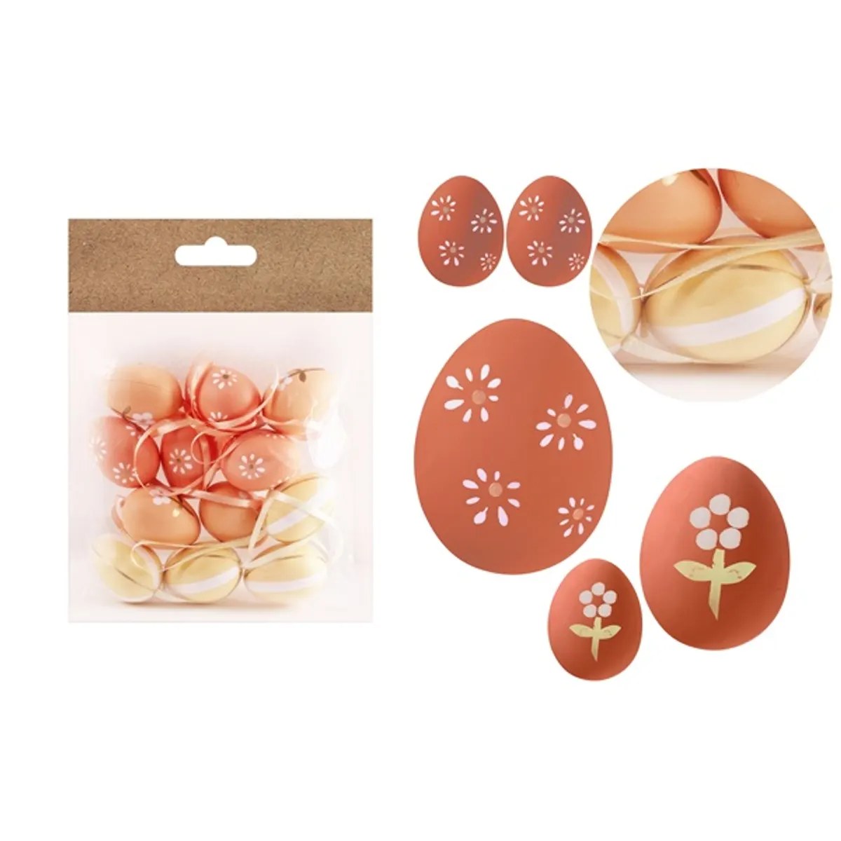 IRIS dekor műanyag tojás x12 narancs virágos/csíkos3x4cm #1