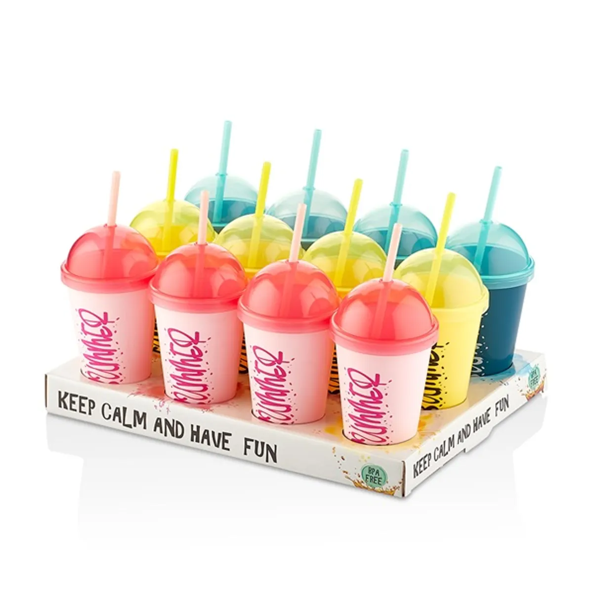 IRIS L-00850 Sumer pohár szívószállal 450ml, rózsaszín, sárga vagy cián színű #5