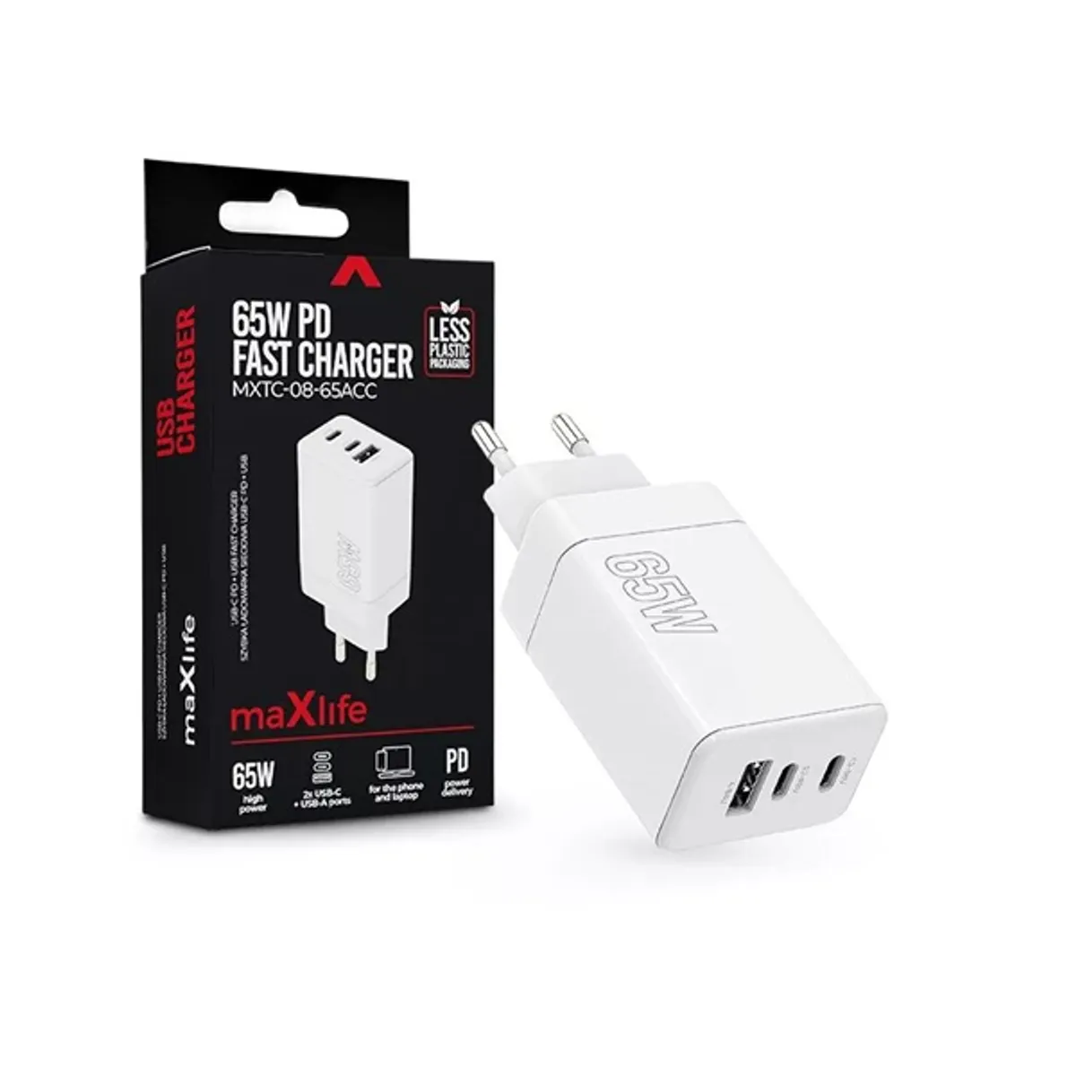 Maxlife ML081100 65W 2xType-C + USB fehér gyorstöltő adapter #1