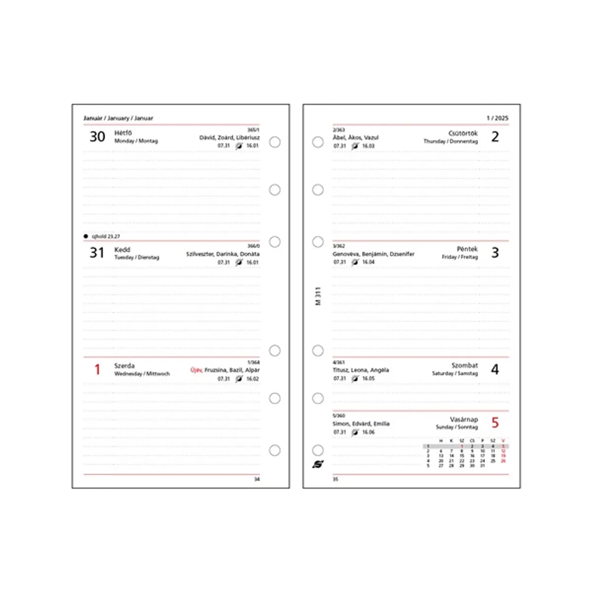 Kalendart Saturnus M311/F heti beosztású gyűrűs betétlap csomag #1