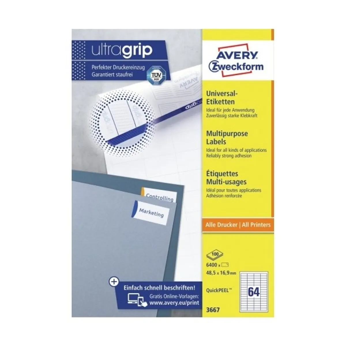 Avery 3667 QP 48,5x16,9mm univerzális 6400db-os fehér etikett #1