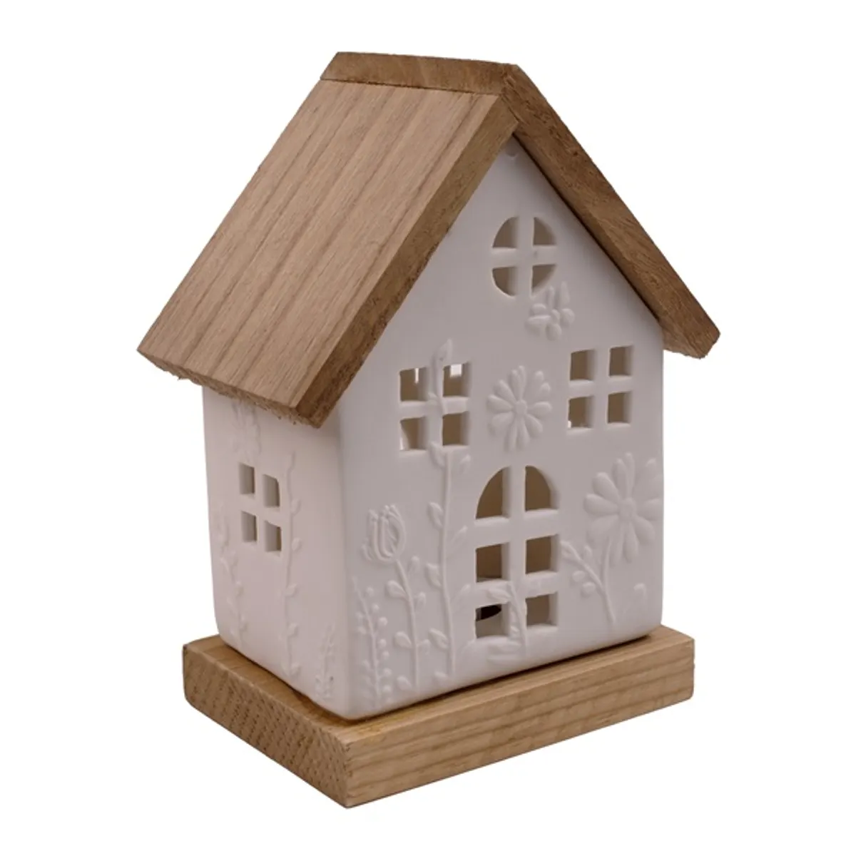 IRIS dekor kerámia ház/fa fehér/barna+led 12x17cm #1
