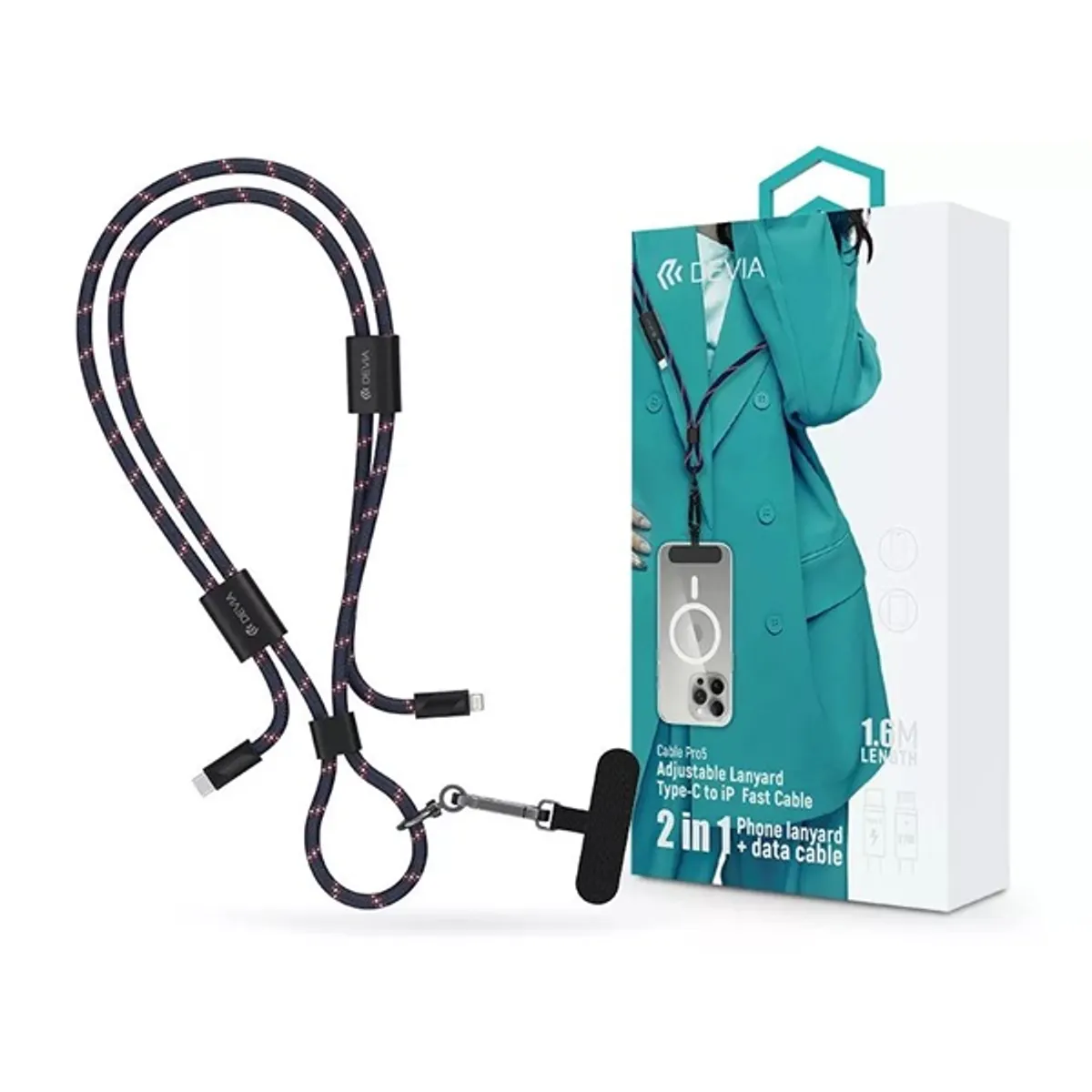 Devia ST125001 Cable Pro5 Woven 1,6m 27W PD Type-C - Lightning kék adat- és töltőkábel + nyakpánt #1