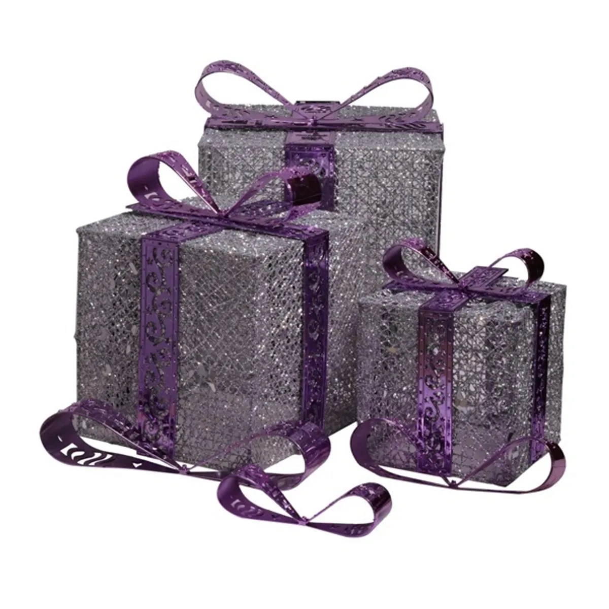 Iris Doboz alakú /1db 20cm, 1db 25cm, 1db 30cm/ ezüst-lila fémdoboz műanyag masnival dekor szett #1