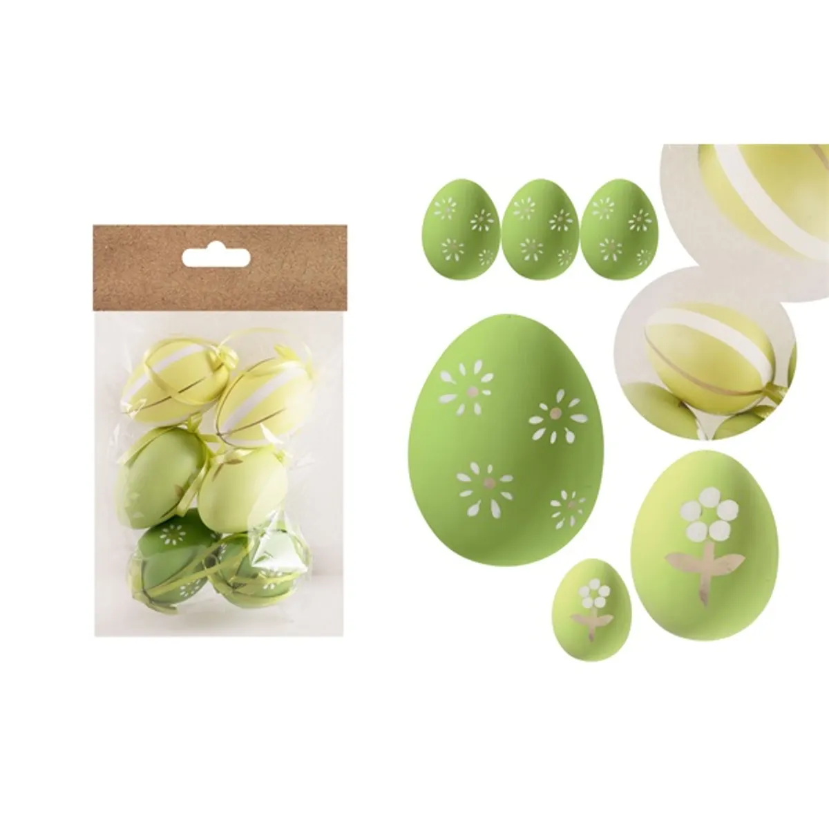 IRIS dekor műanyag tojás x6 zöld virágos/csíkos 4x6cm #1
