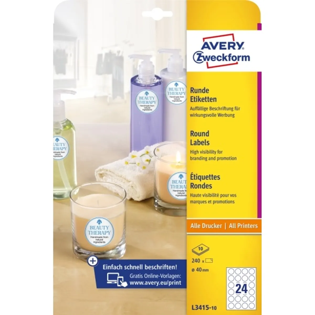 Avery L3415-10 40mm átmérőjű 240db-os fehér kör alakú öntapadó etikett #1