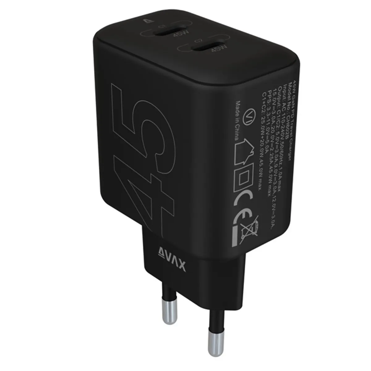 AVAX CH602B SPEEDY+ 45W GaN 2x USB-C PD3.0 fekete gyors töltő adapter #1