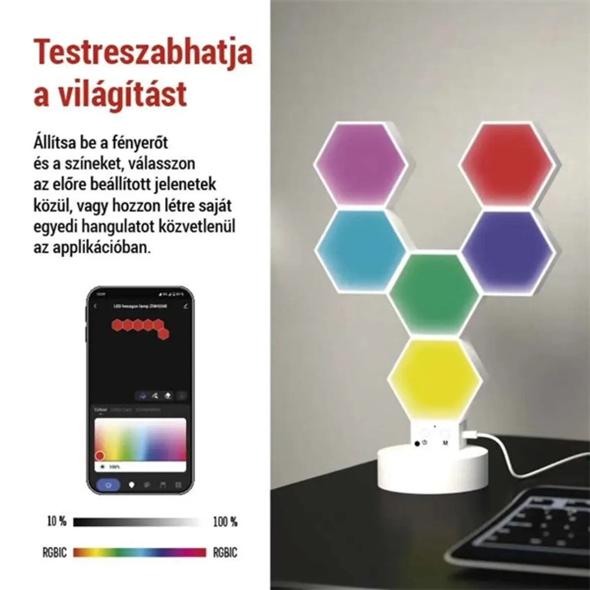 Emos GoSmart Hexagon fehér, 6 részből álló, RGBIC dimmelhető, WiFi LED asztali lámpa #4