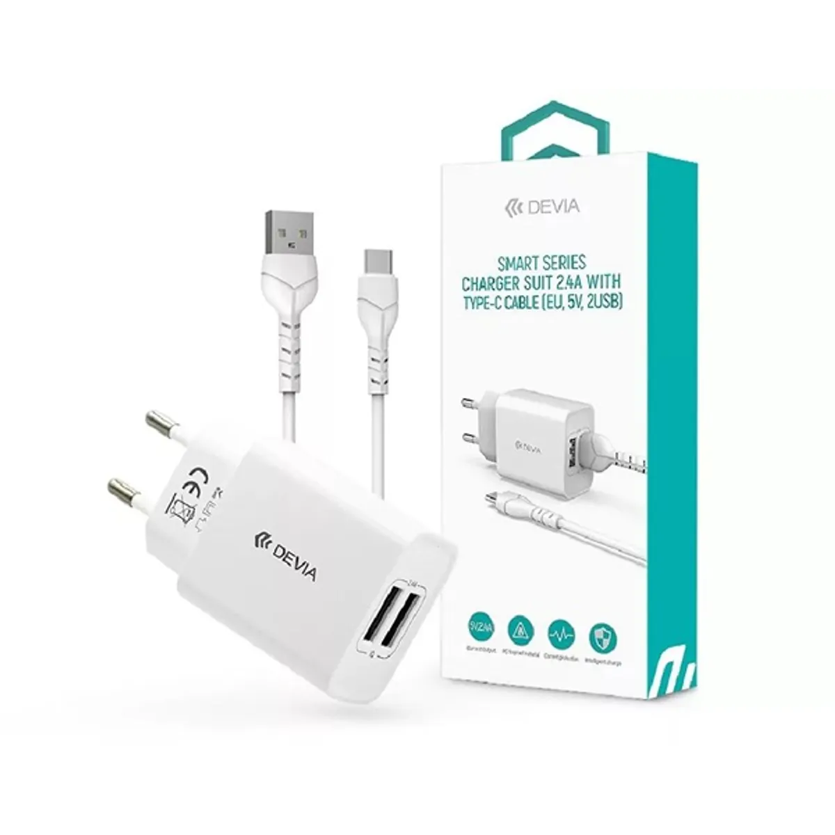 Devia ST364037 2xUSB 2,1A fehér hálózati töltő adapter + USB - Type-C 1m kábel #1