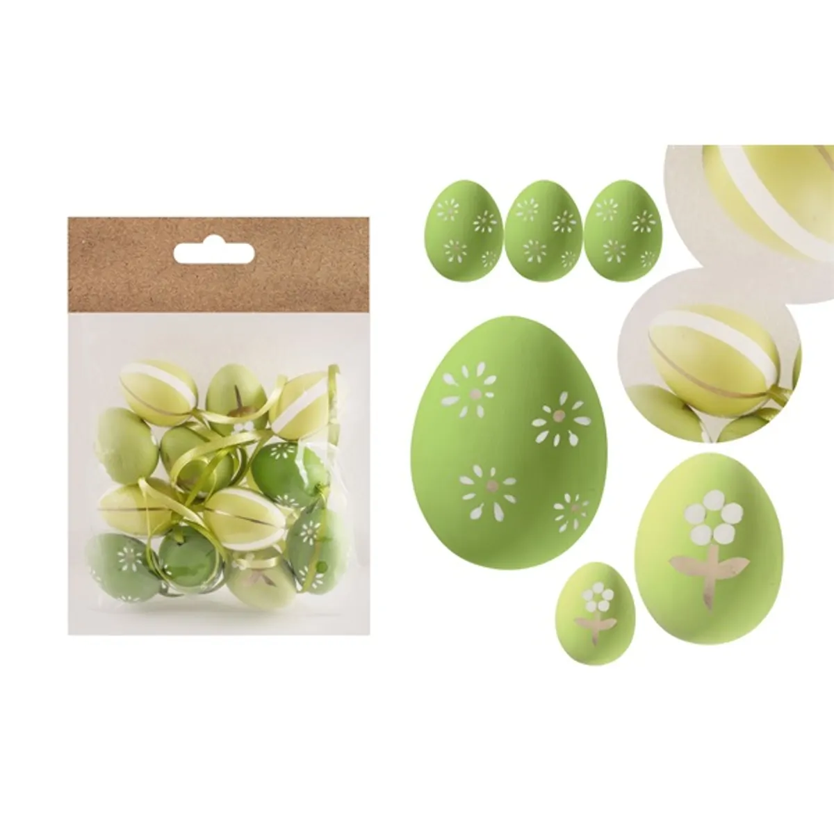 IRIS dekor műanyag tojás x12 zöld virágos/csíkos 3x4cm #1