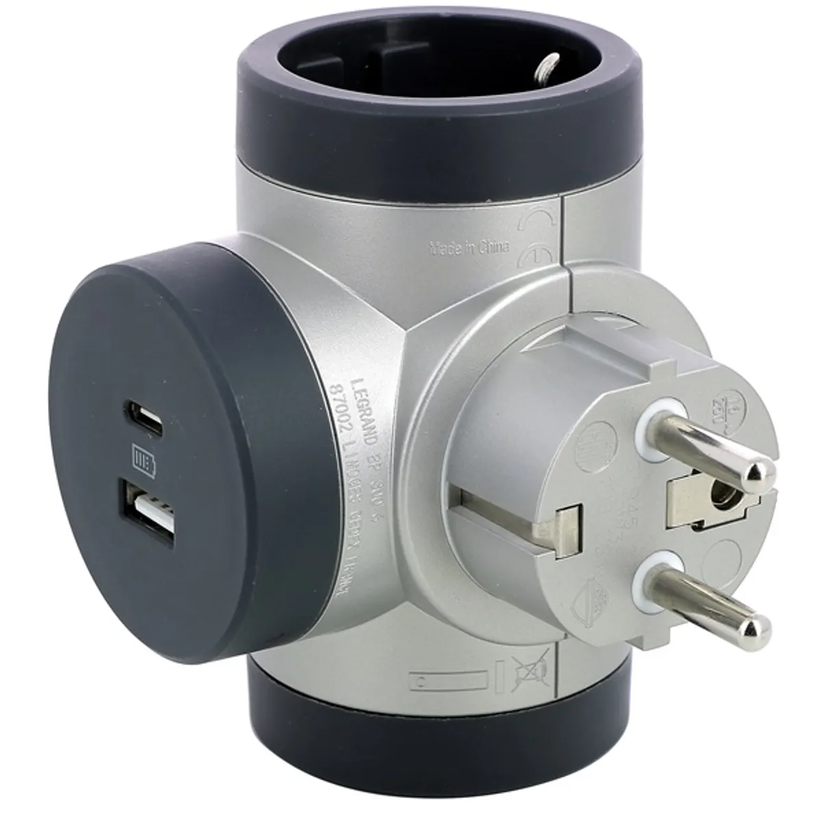 Legrand 694524 kettős USB-A + USB-C alumínium forgatható 2P+F elosztódugó #1