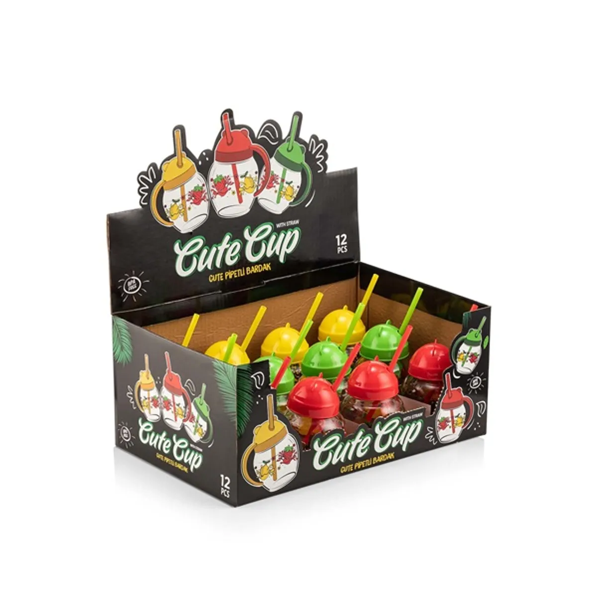 IRIS C-00373 Cute üvegbögre szívószállal 370ml, piros, zöld vagy sárga színű #3