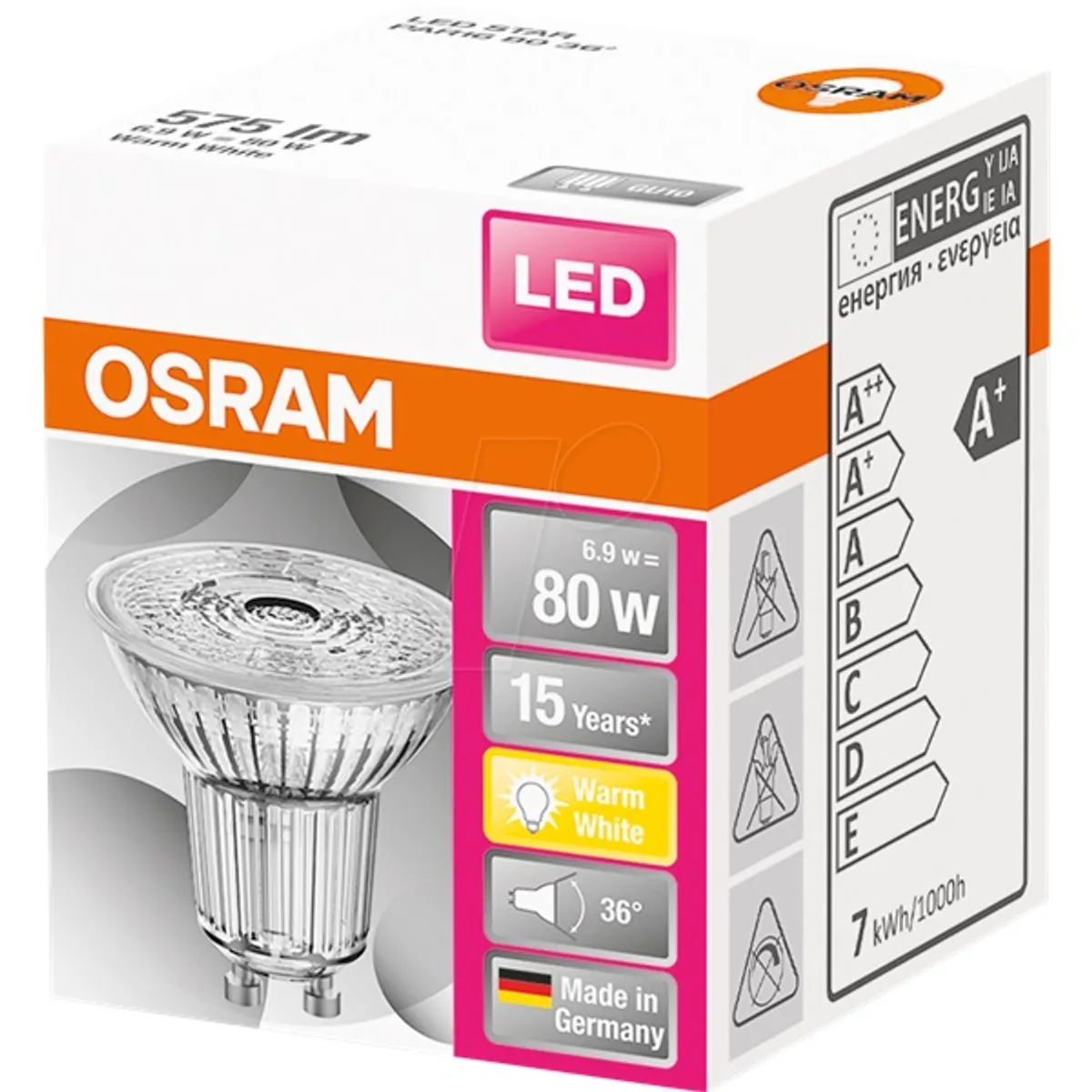 Osram Star PAR16 üveg ház/6,9W/575lm/2700K/GU10/230V/36fok/83lm/W LED spot izzó #1