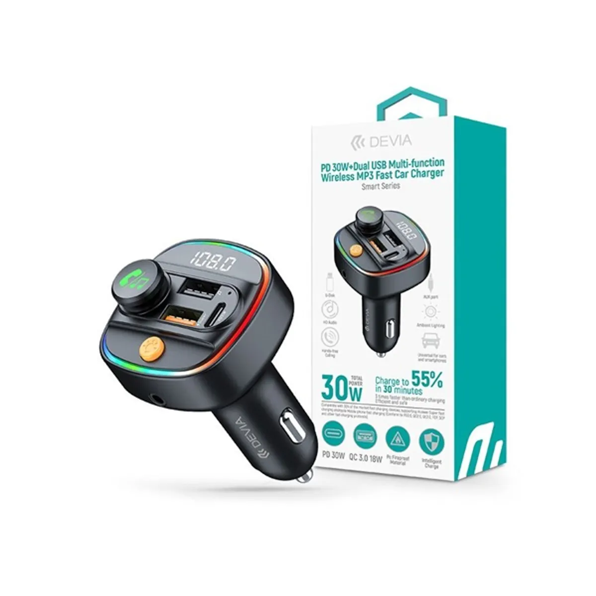 Devia ST112513 Smart Series autós gyorstöltő 30W PD+QC 2xUSB/AUX/MP3 fekete Bluetooth FM-transmitter #1