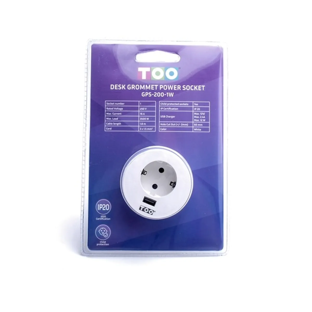 TOO GPS-200-1W IP20, 1x 2P+F, USB-A, fehér asztalba süllyeszthető elosztó #4