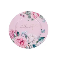 IRIS bádog tálca, kör alakú, rózsaszín rózsás, life the beautiful felirattal 33 x 1,5 cm