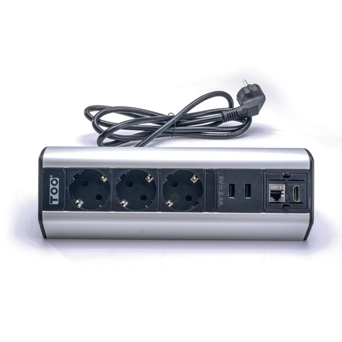 TOO DPS-114-3S IP20,3x 2P+F,2x USB-A,RJ45,HDMI, ezüst, asztalra rögzíthető elosztó #1