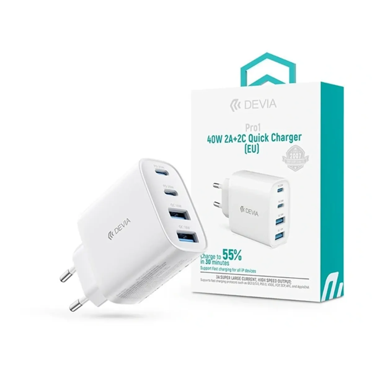 Devia ST137325 Pro1 40W GaN QC 2xUSB + 2xType-C fehér hálózati gyorstöltő adapter #1