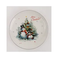 IRIS kerámia tányér, hóemberek a karácsonyfa előtt, "merry christmas" felirat 25 cm