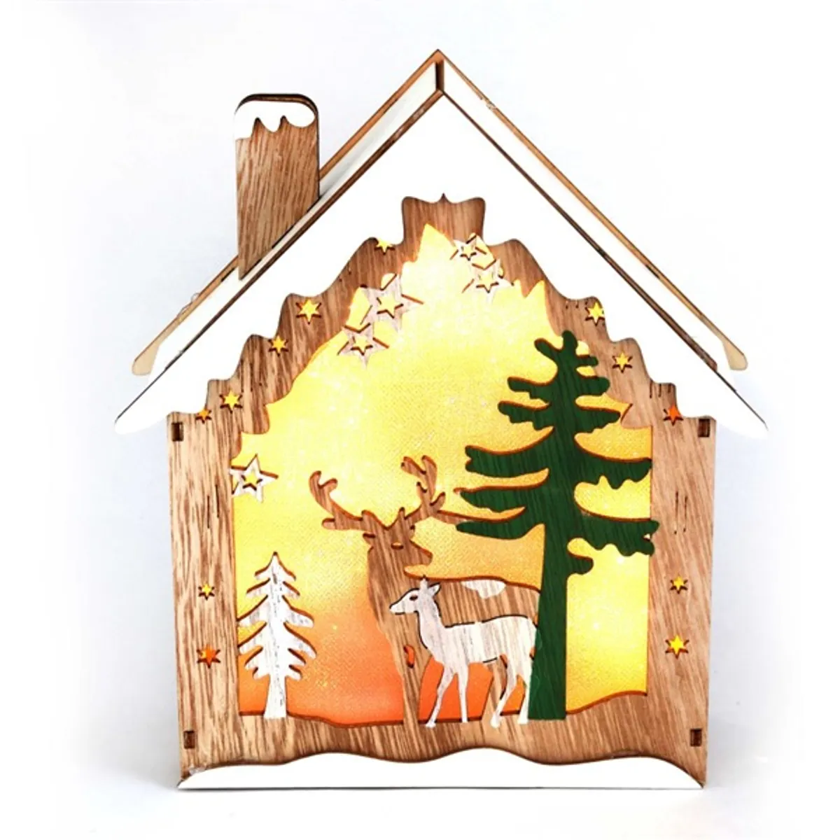 Iris Faház alakú rénszarvas mintás/18,5x21cm/meleg fehér LED-es fa fénydekoráció #1