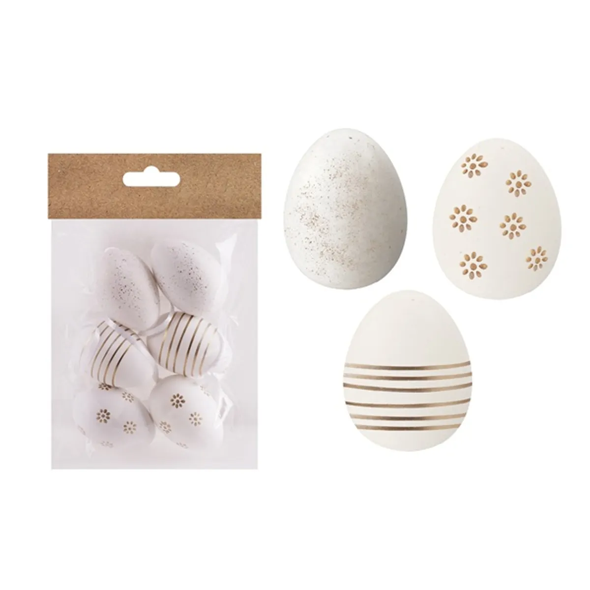 IRIS dekor műanyag tojás x6 fehér/arany minta 4x6cm #1